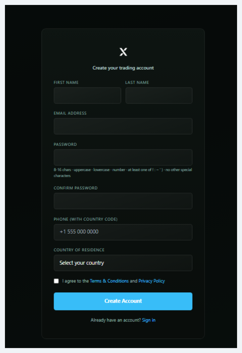 10X sign-up form Create your trading account
